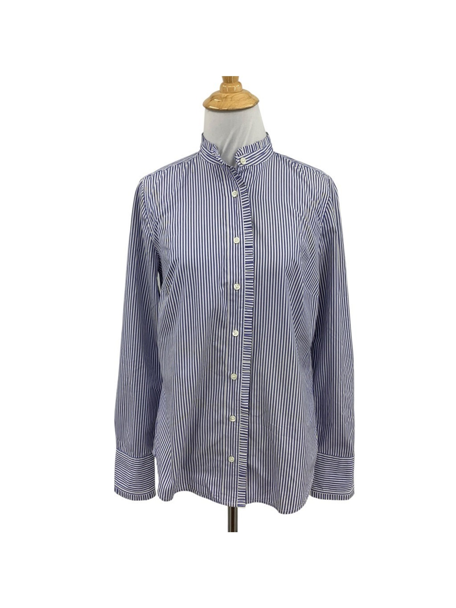 J Crew Shirt Womens 0 Periwinkle White Drapey Ruffle Trim Organic Cotton Striped